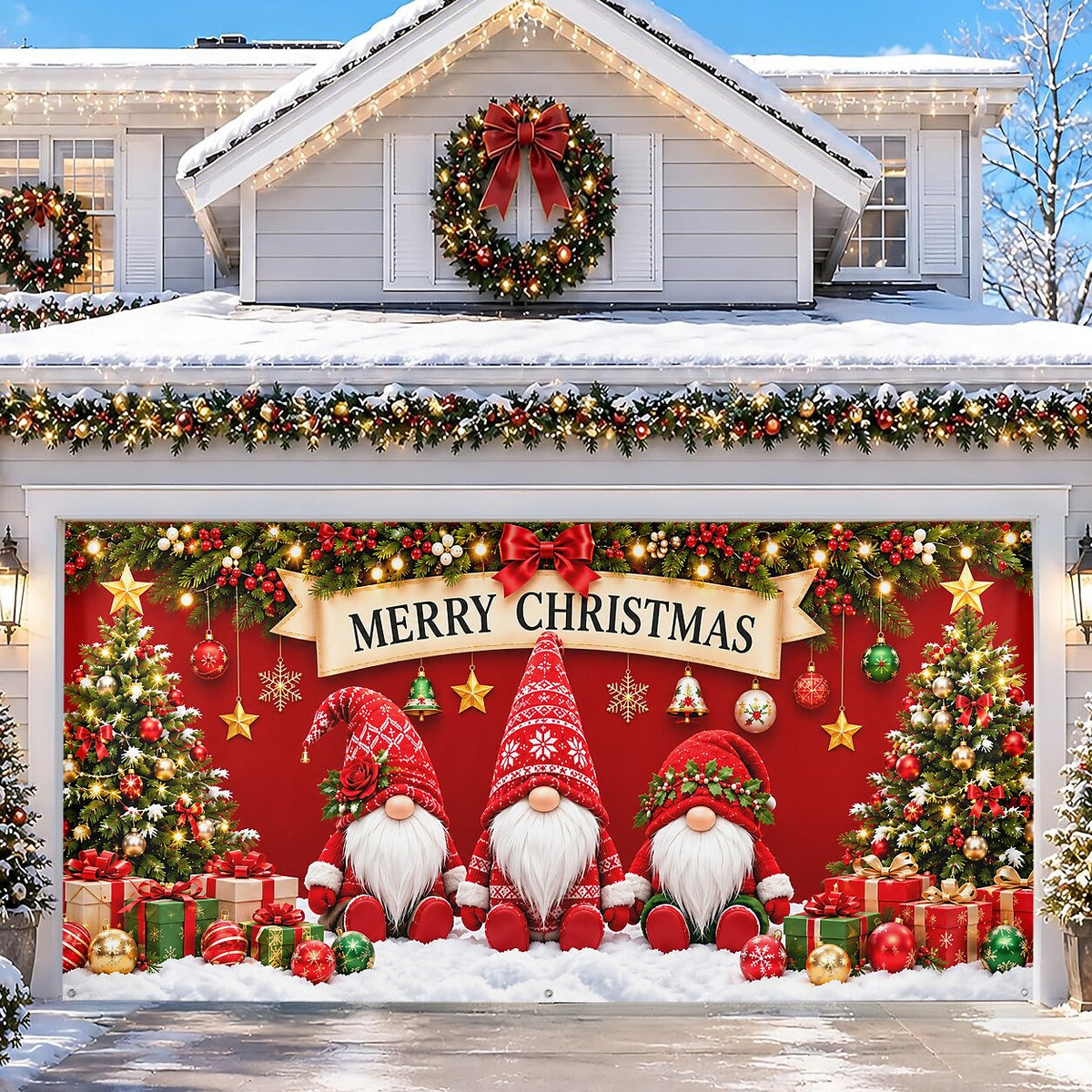 Christmas Garage Cover 3D Gnome & Christmas Tree