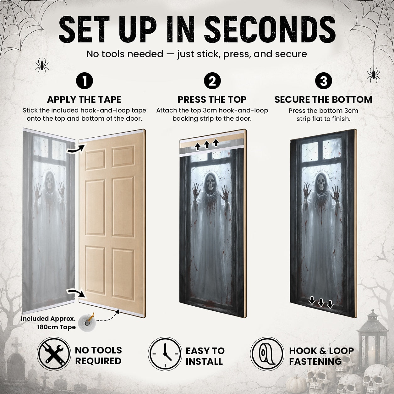 House Door Wrap Banner Halloween Door Cover Skeleton Ghost Window Spider