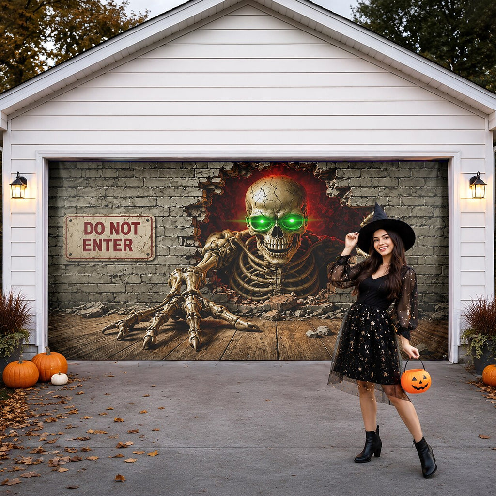 Halloween Green Glowing Eyes Skeleton Garage Door Cover