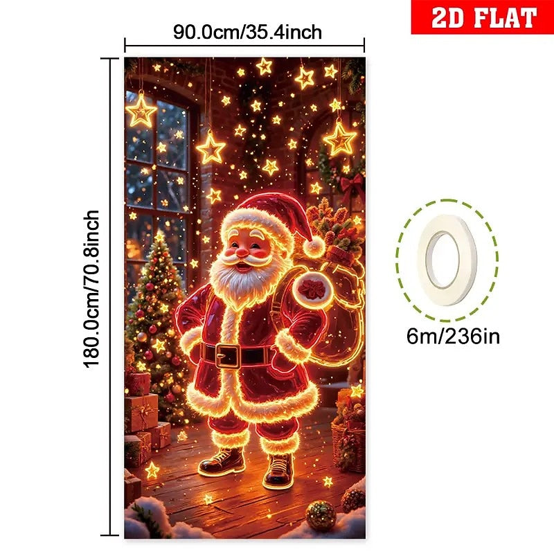 Blacklight Glowing Santa Claus & Christmas Tree Christmas Door Cover