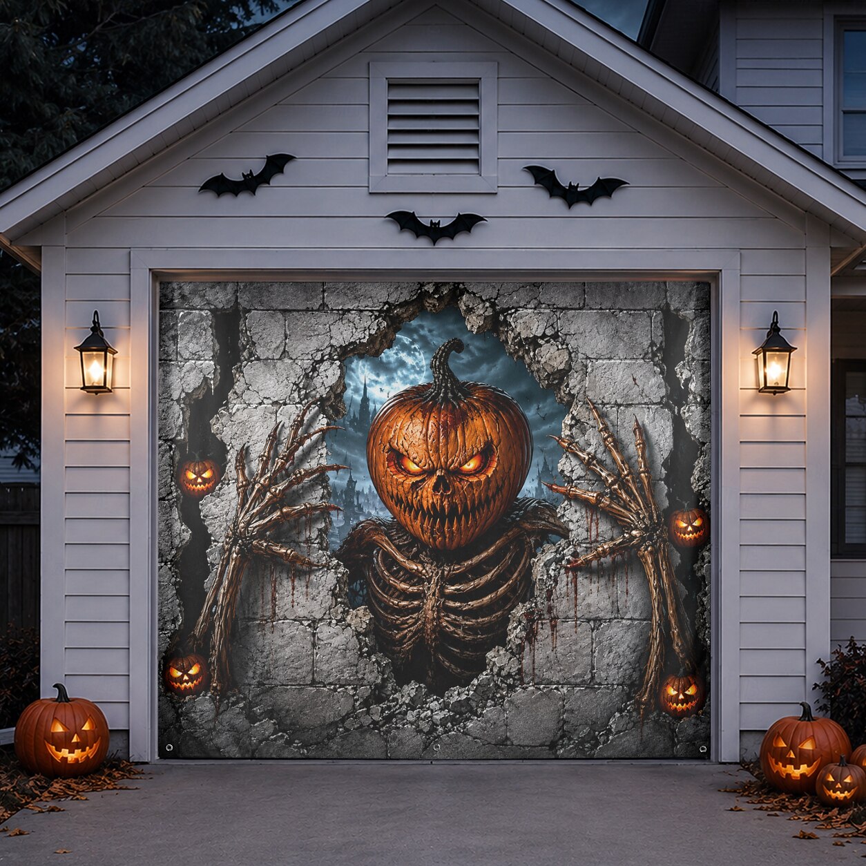 Halloween Pumpkin Skeleton Garage Door Cover