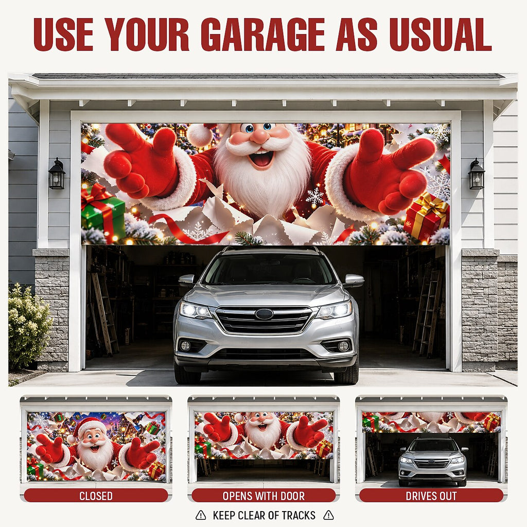3D Christmas Garage Door Cover - Santa Breaking Wall