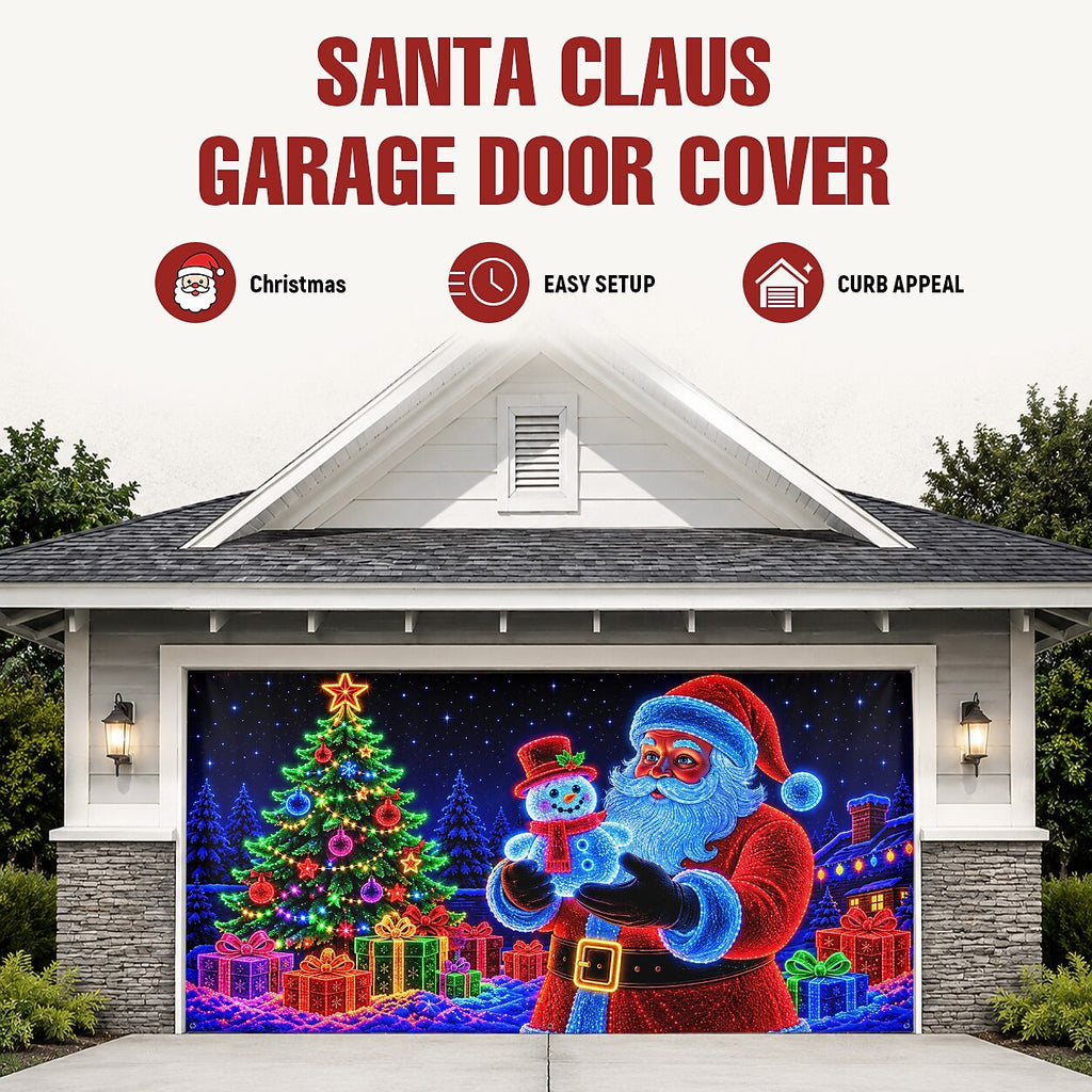 Blacklight Christmas Garage Cover UV Reactive Santa & Christmas Tree