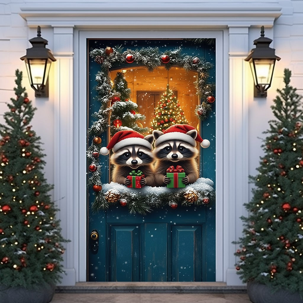 Cute Raccoons with Santa Hats & Gifts Christmas Door Cover