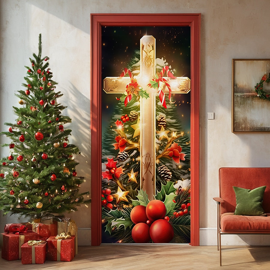 Cross Nativity Scene Christmas Door Cover