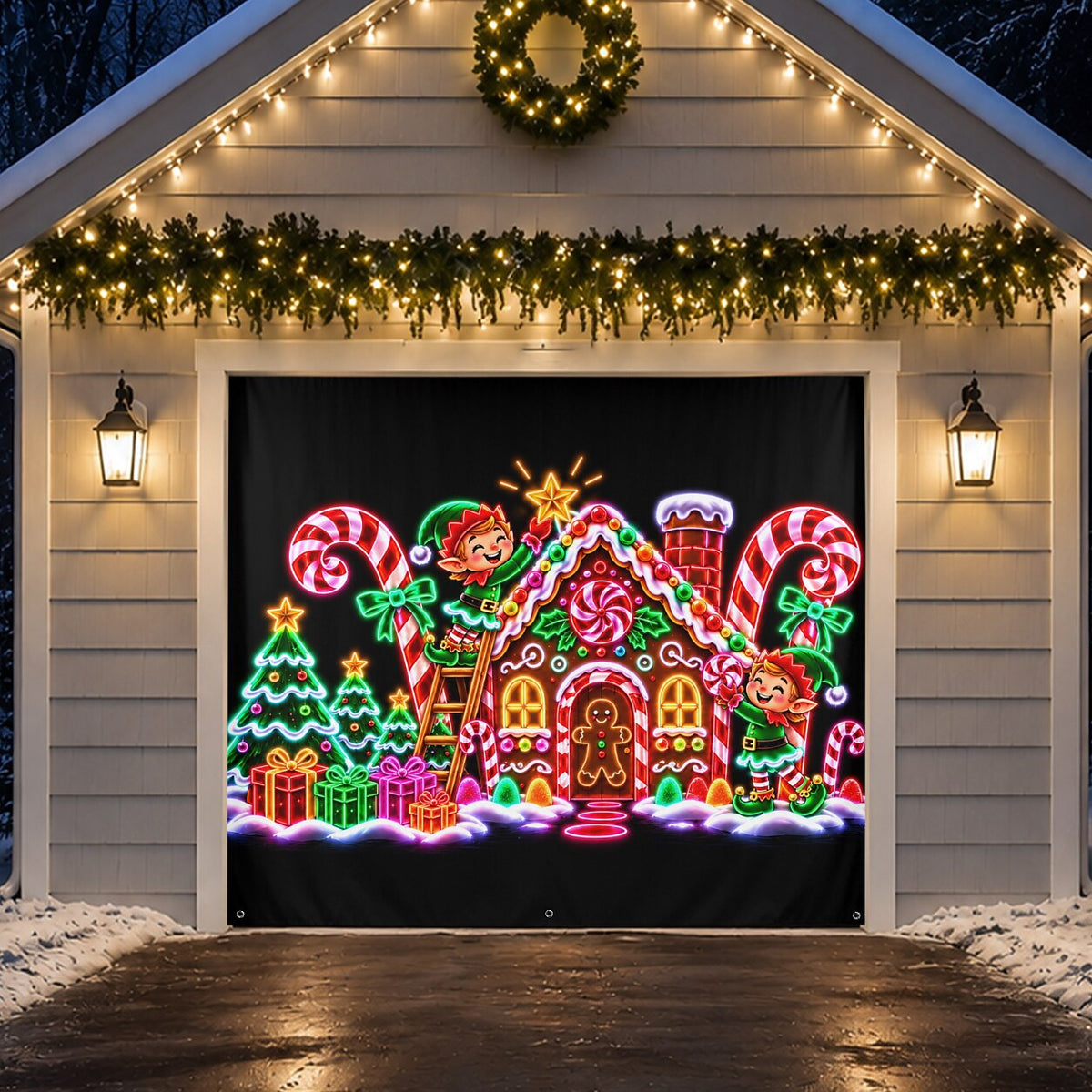 Blacklight Christmas Garage Cover UV Reactive Christmas Village & Tree