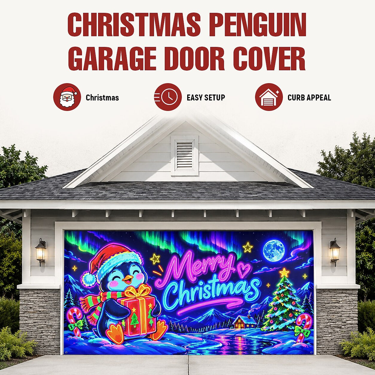 Blacklight Christmas Garage Cover UV Reactive Merry Christmas Penguin