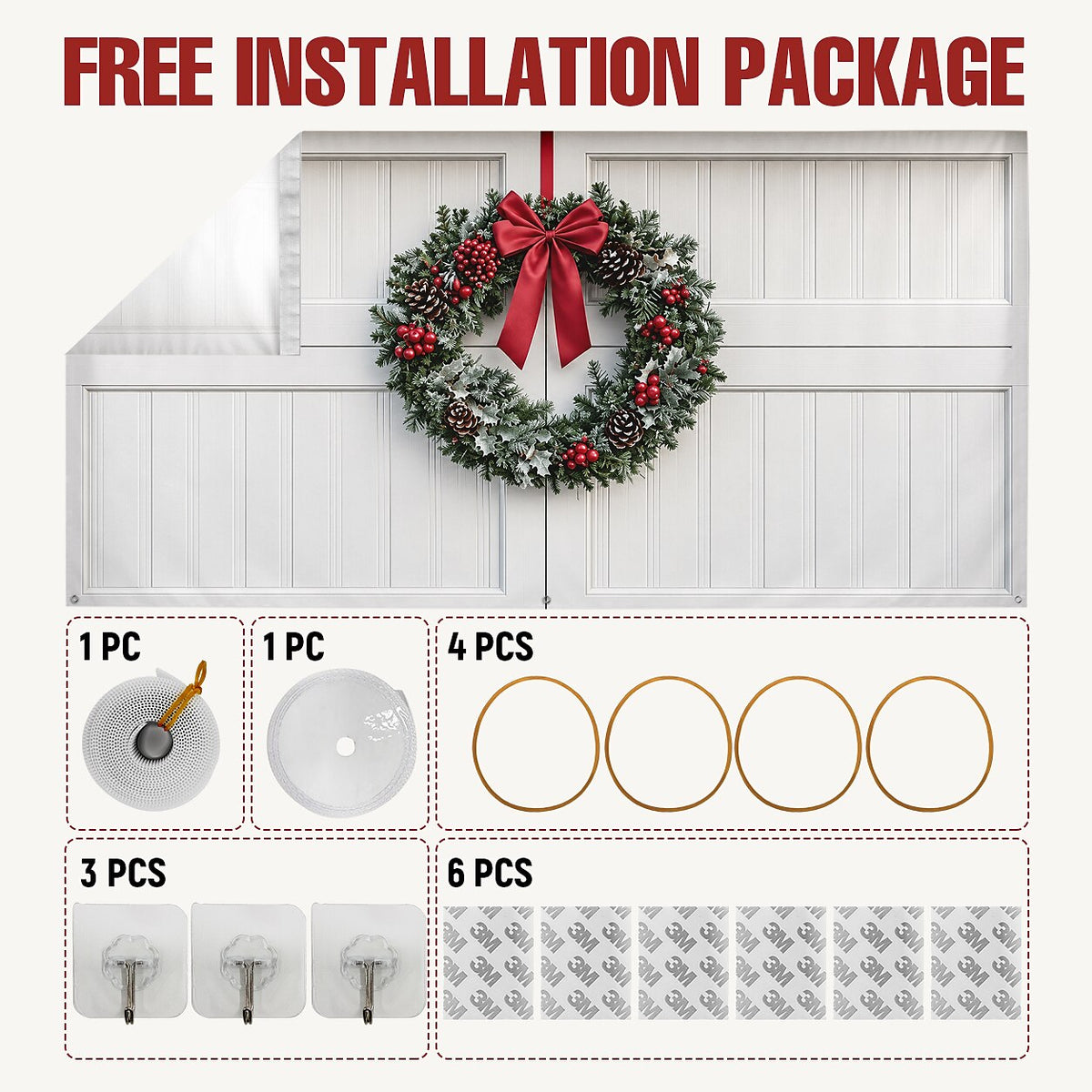 Christmas Garage Cover 3D Christmas Wreath & Holiday Lights