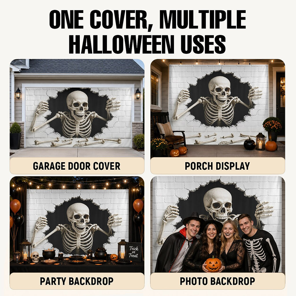 Halloween Skeleton White Brick Wall Garage Door Cover