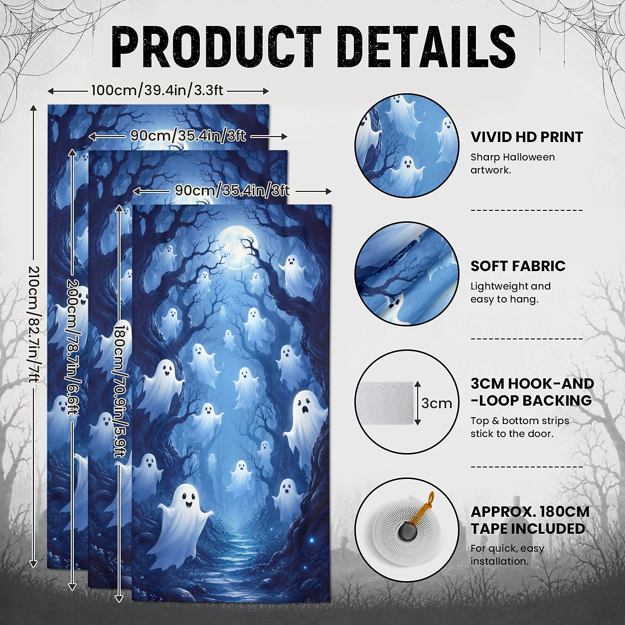 Spooky Door Banner Halloween Door Cover Cute Ghost Haunted Forest