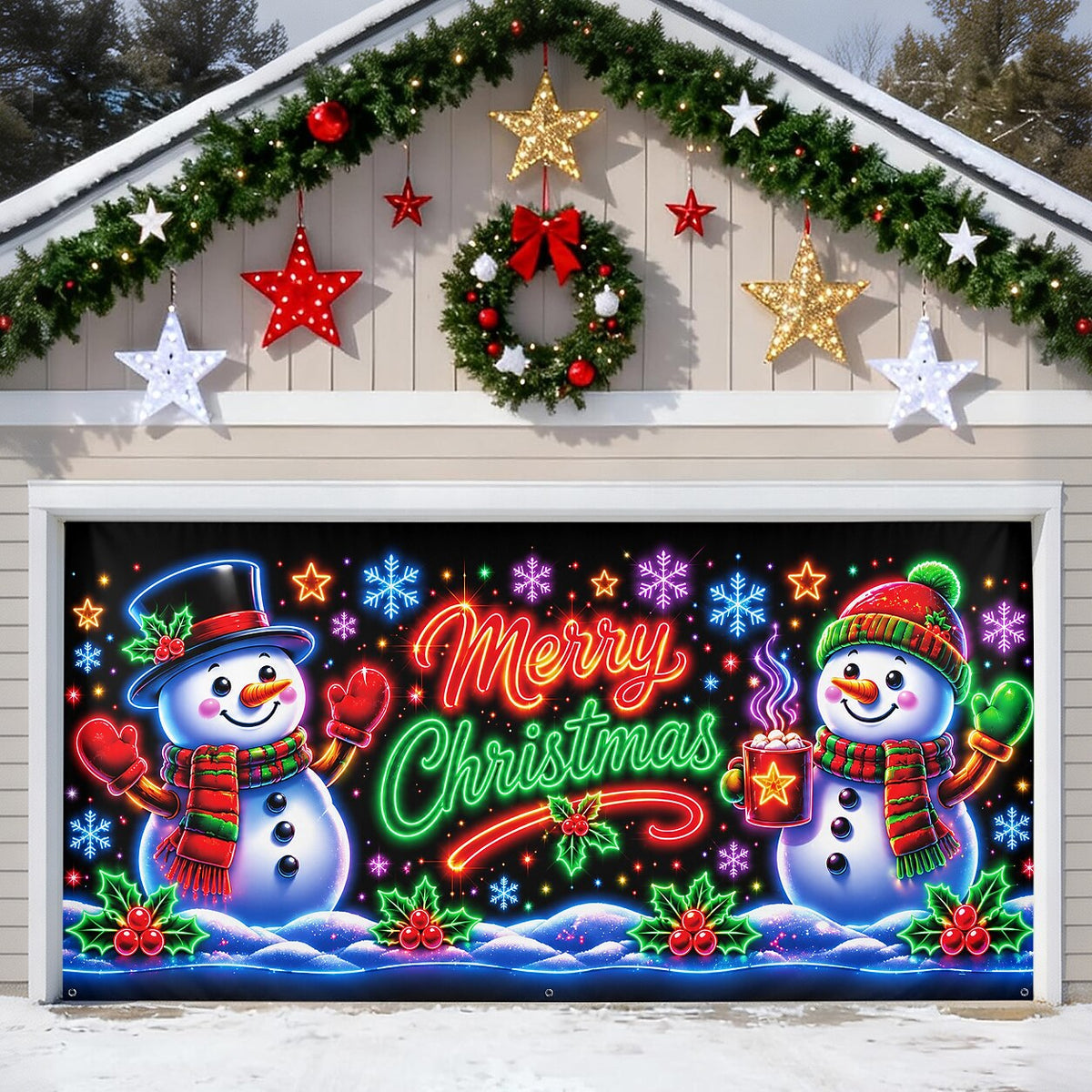 Blacklight Christmas Garage Cover UV Reactive Merry Christmas Snowman