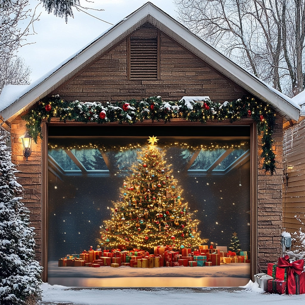 Farmhouse Christmas Tree Garage Door Cover