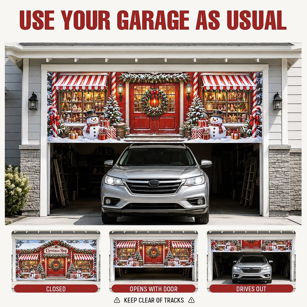 Christmas Garage Door Cover - Red Holiday Shopfront Design