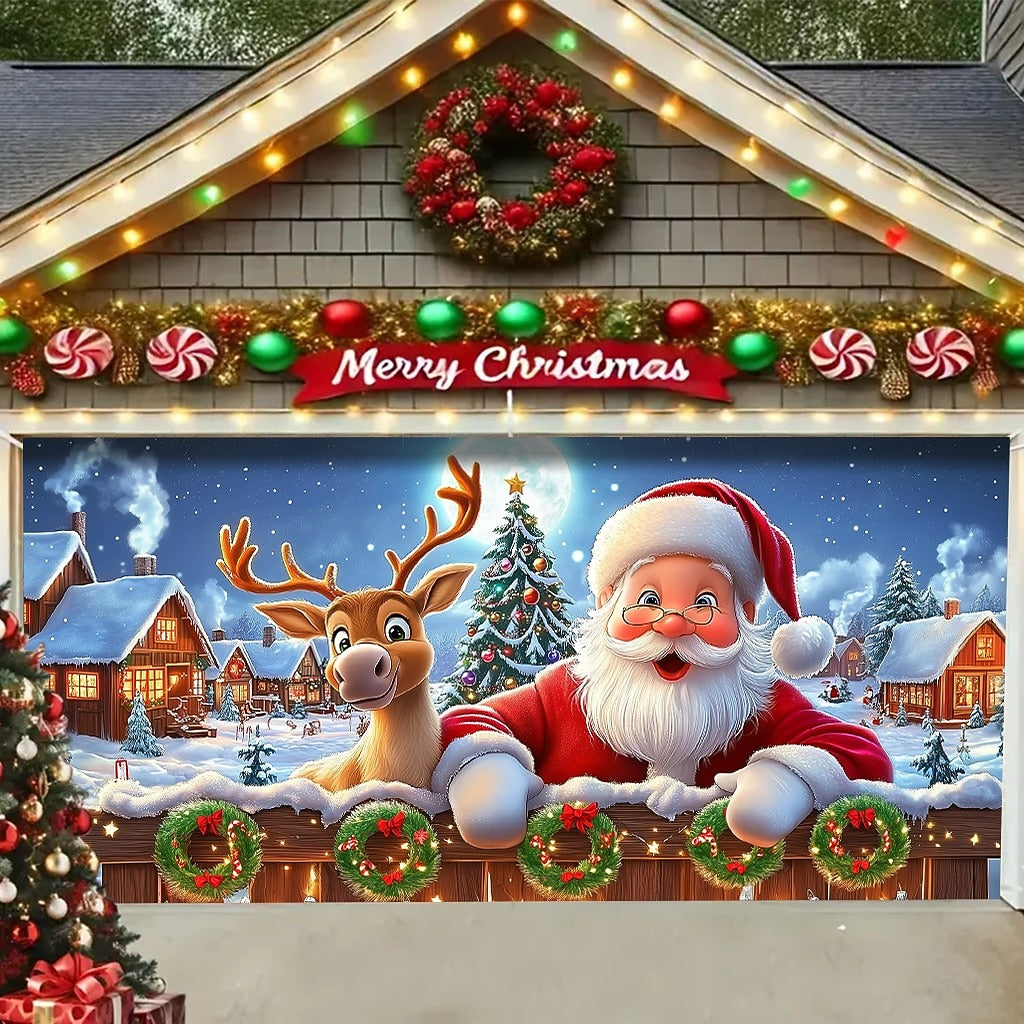 3D Santa & Reindeer Garage Door Cover