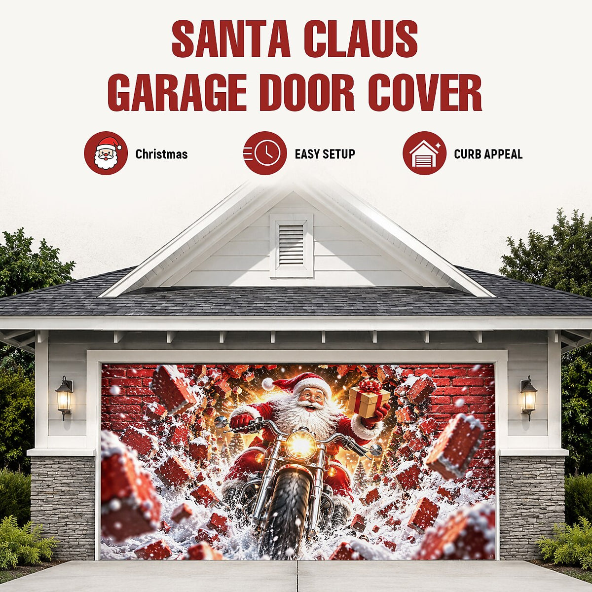 Christmas Garage Door Cover - Santa & Reindeer Holiday Design