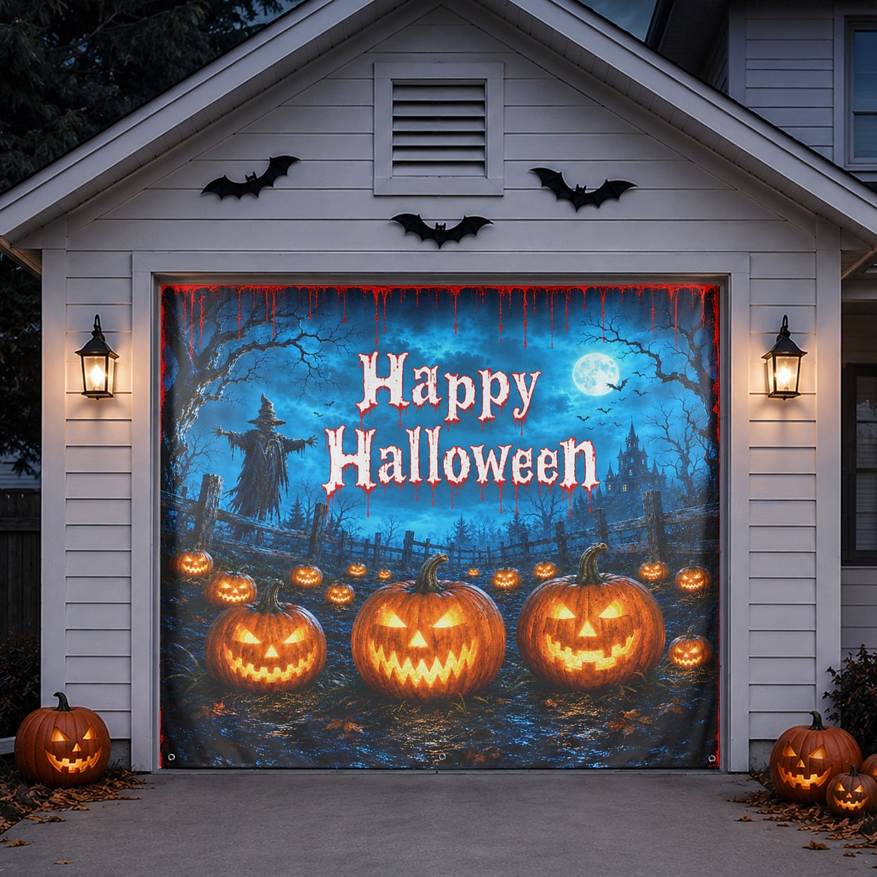 Pumpkin Patch & Scarecrow Jack-O'-Lantern | Halloween Garage Door Banner Cover
