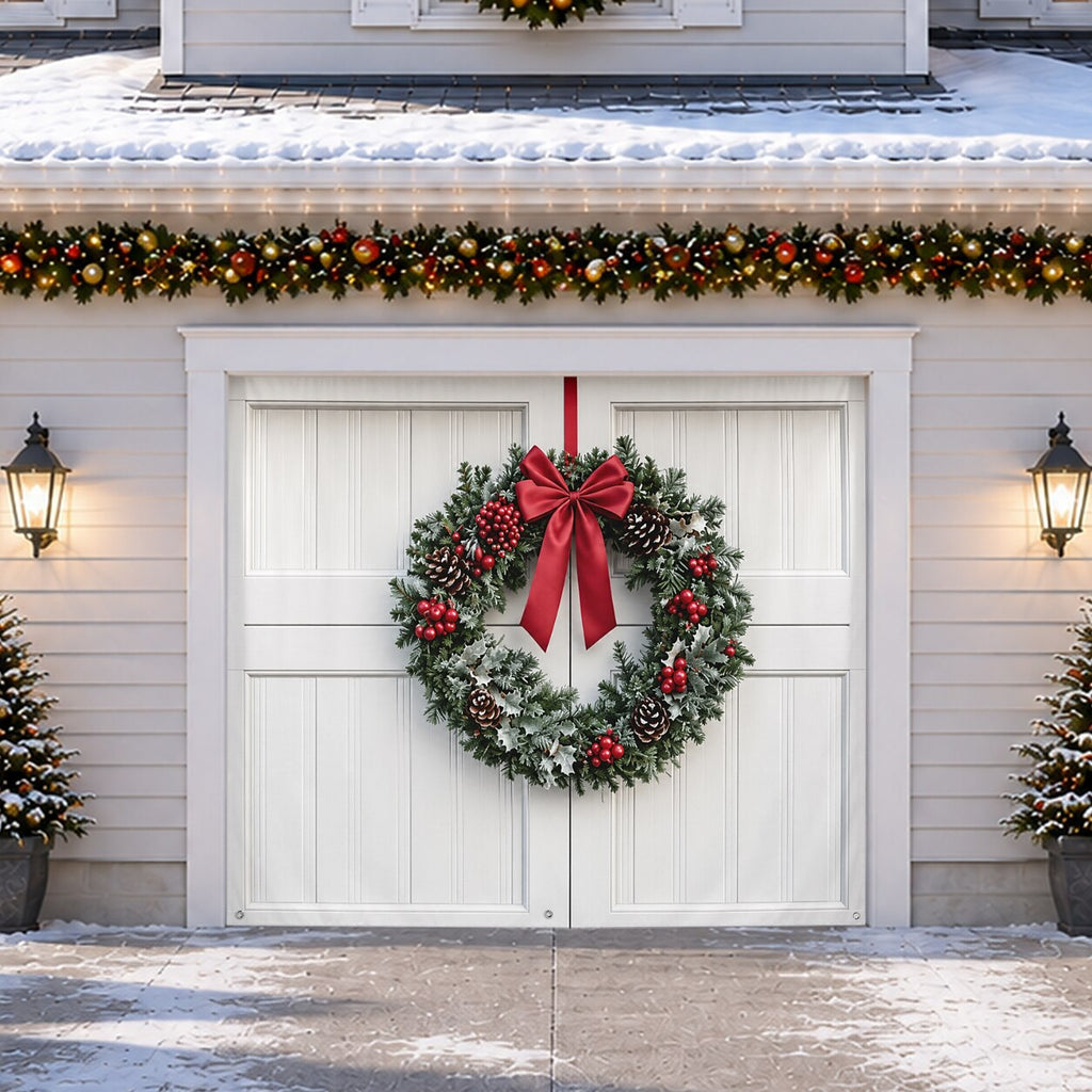 Christmas Garage Cover 3D Christmas Wreath & Holiday Lights