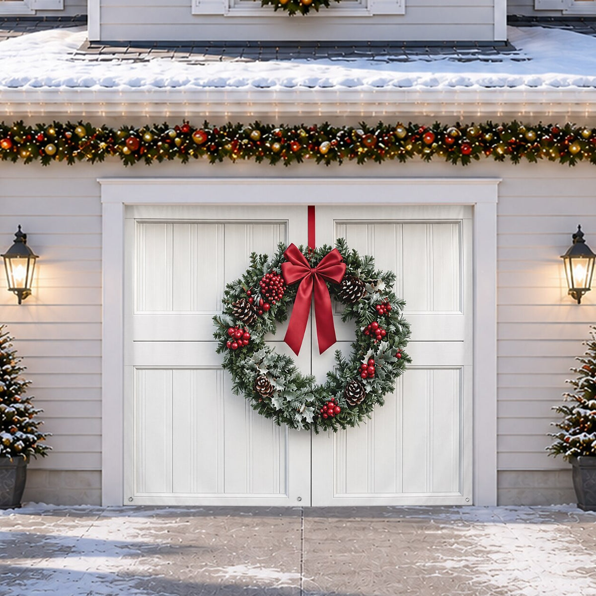 Christmas Garage Cover 3D Christmas Wreath & Holiday Lights