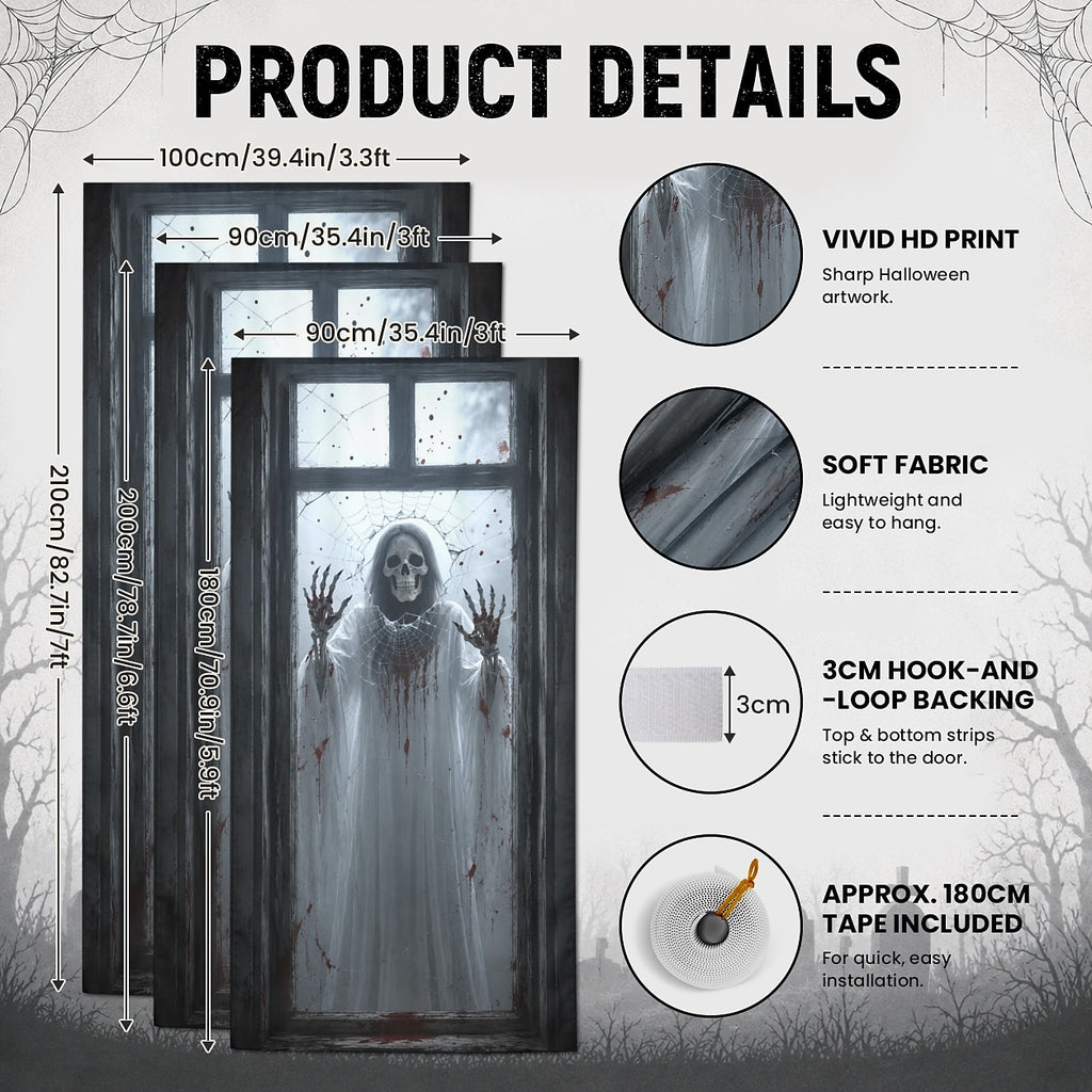 House Door Wrap Banner Halloween Door Cover Skeleton Ghost Window Spider