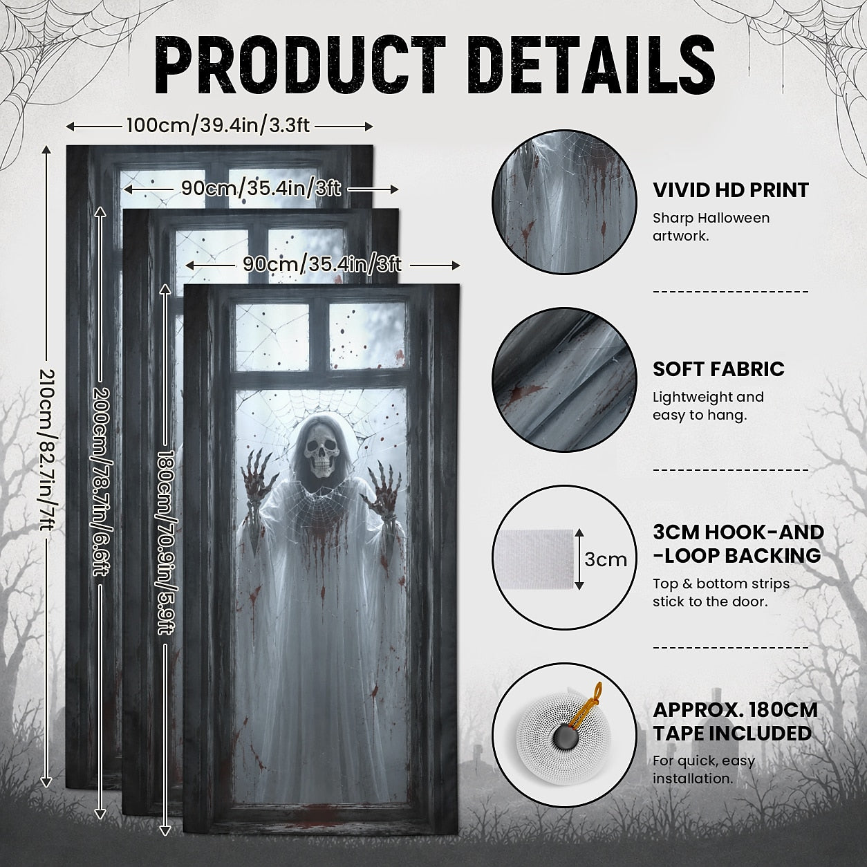 House Door Wrap Banner Halloween Door Cover Skeleton Ghost Window Spider