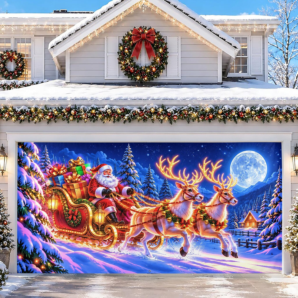 Blacklight Christmas Garage Cover UV Reactive Santa Sleigh & Reindeer
