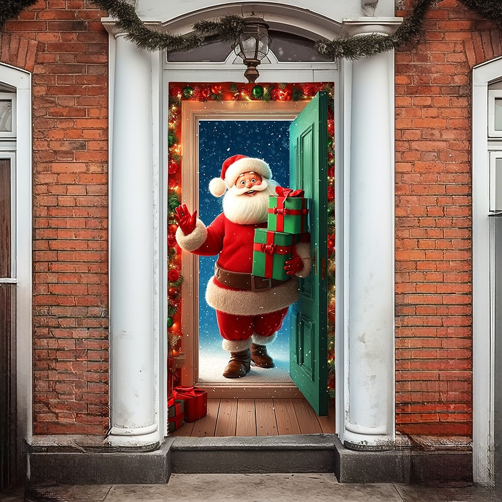 Santa Claus Gifts Wreath & Open Door Christmas Door Cover