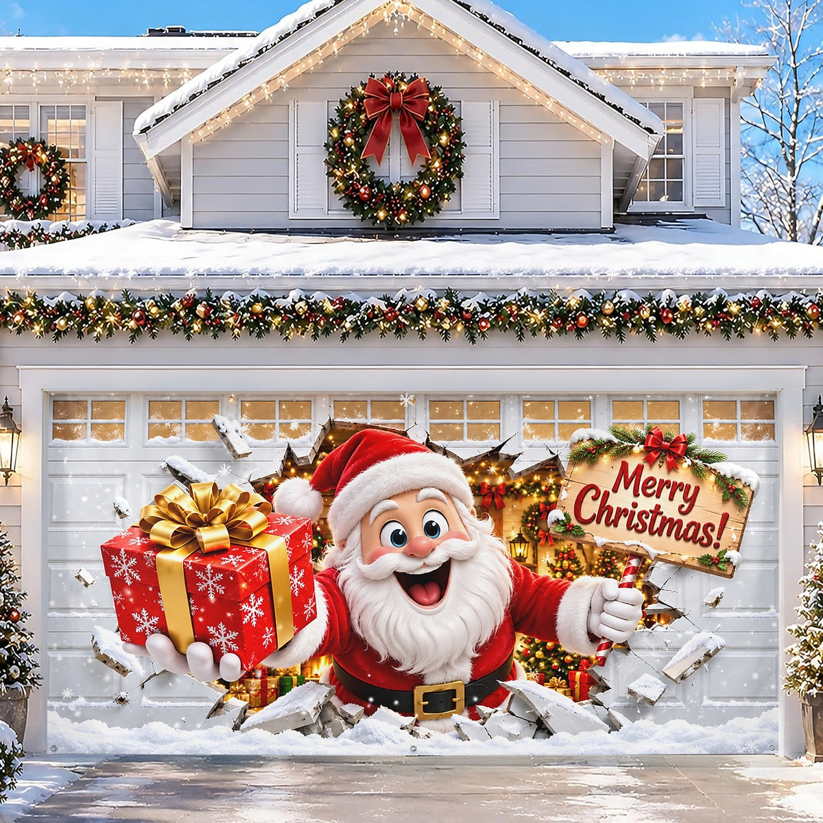 Christmas Garage Door Cover - Santa Breaking Through Gift 3D Design