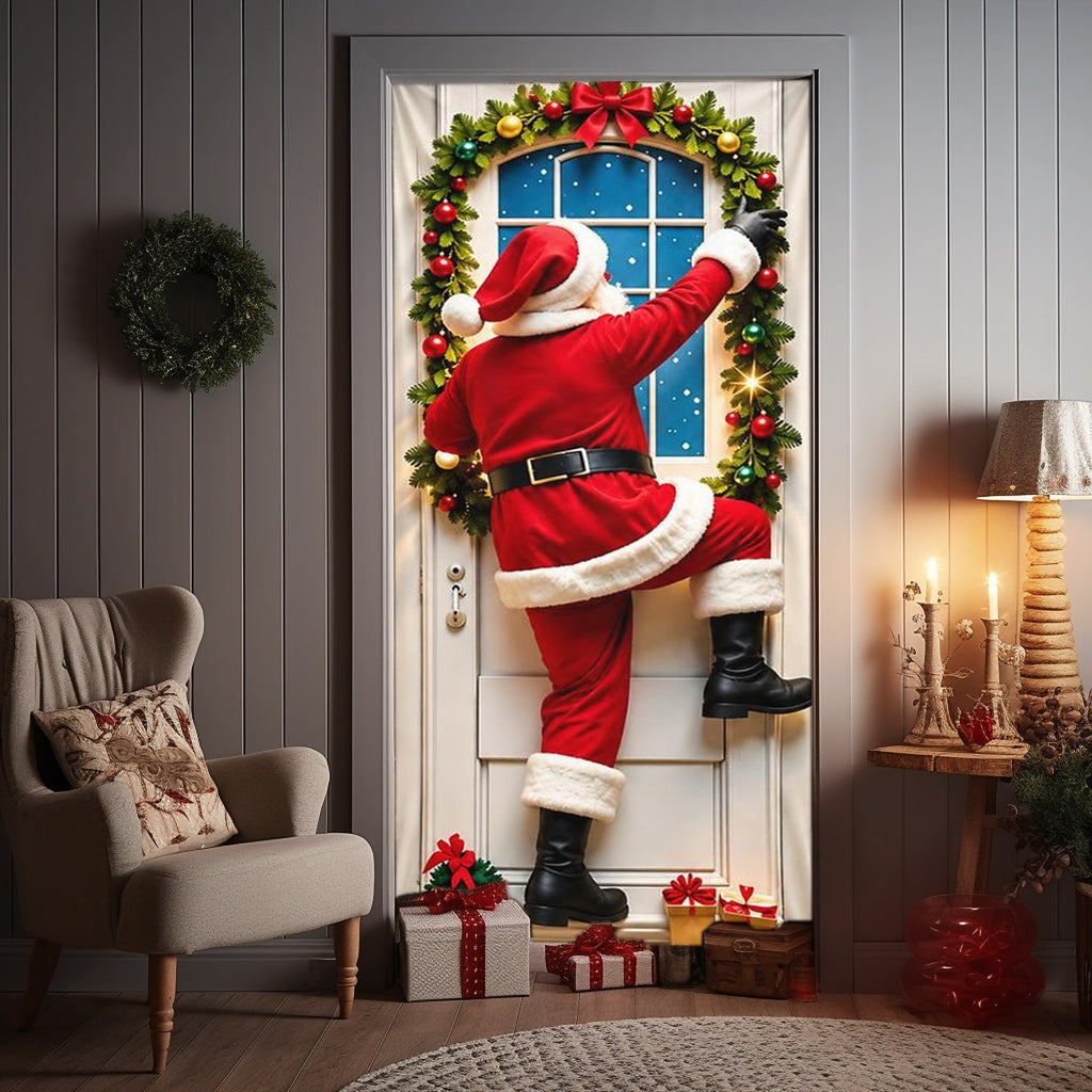 Christmas Door Cover - Stretch Fit Santa & Reindeer Door Decoration