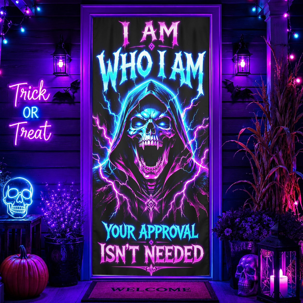 Moonlight Door Banner Halloween Door Cover Neon Grim Reaper Skull Quote