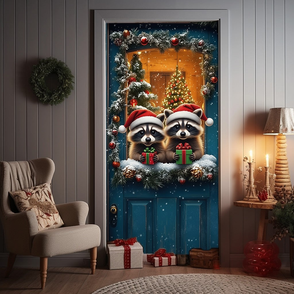 Cute Raccoons with Santa Hats & Gifts Christmas Door Cover