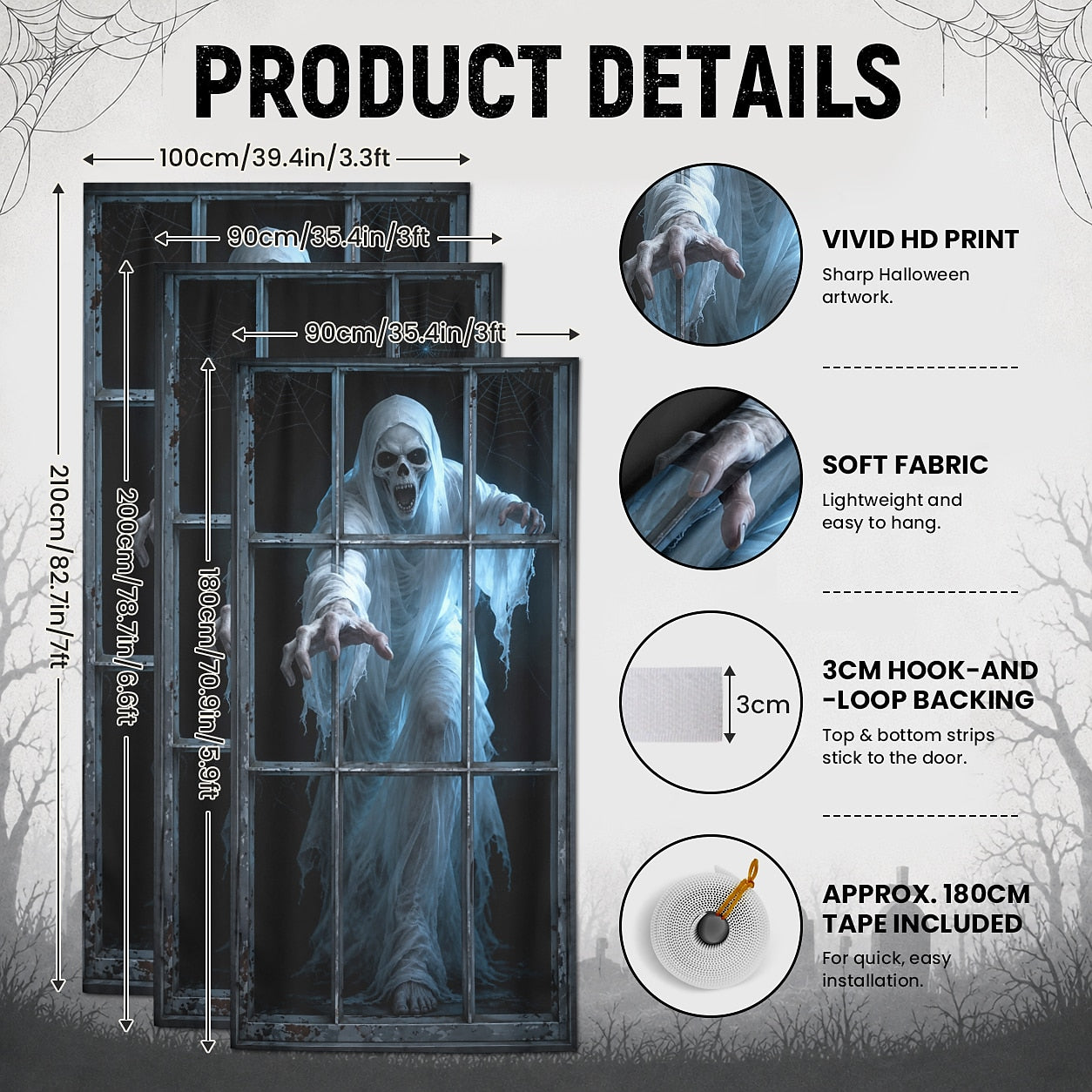 Halloween Door Cover 3D Ghost Window Reaching Skeleton Illusion Door
