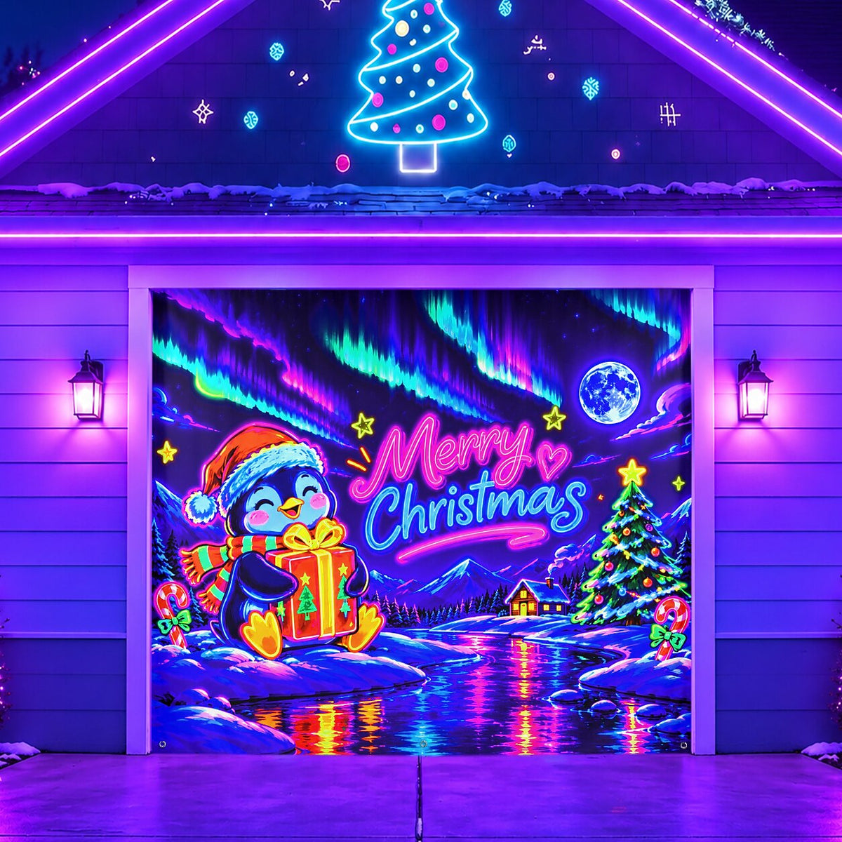 Blacklight Christmas Garage Cover UV Reactive Merry Christmas Penguin