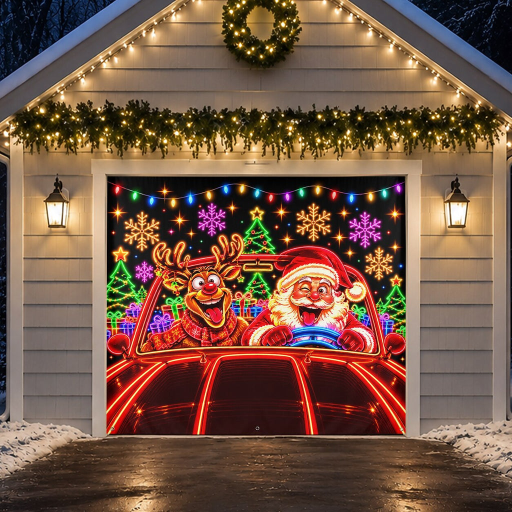 Blacklight Christmas Garage Cover UV Reactive Santa & Reindeer