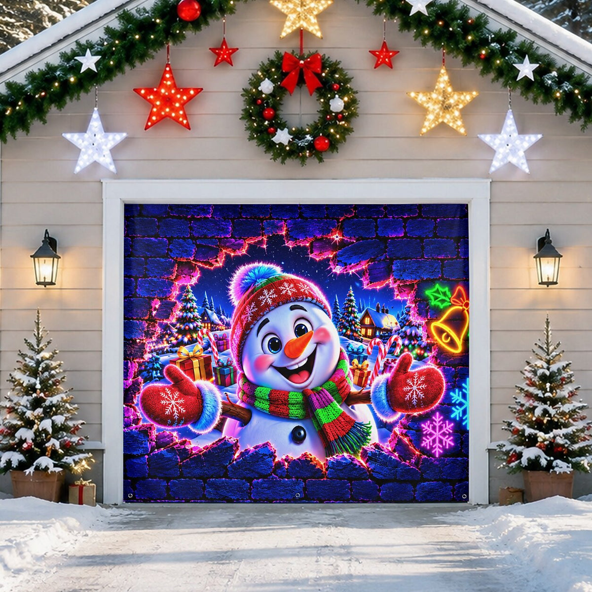 Blacklight Christmas Garage Cover 3D UV Reactive Broken Wall Snowman