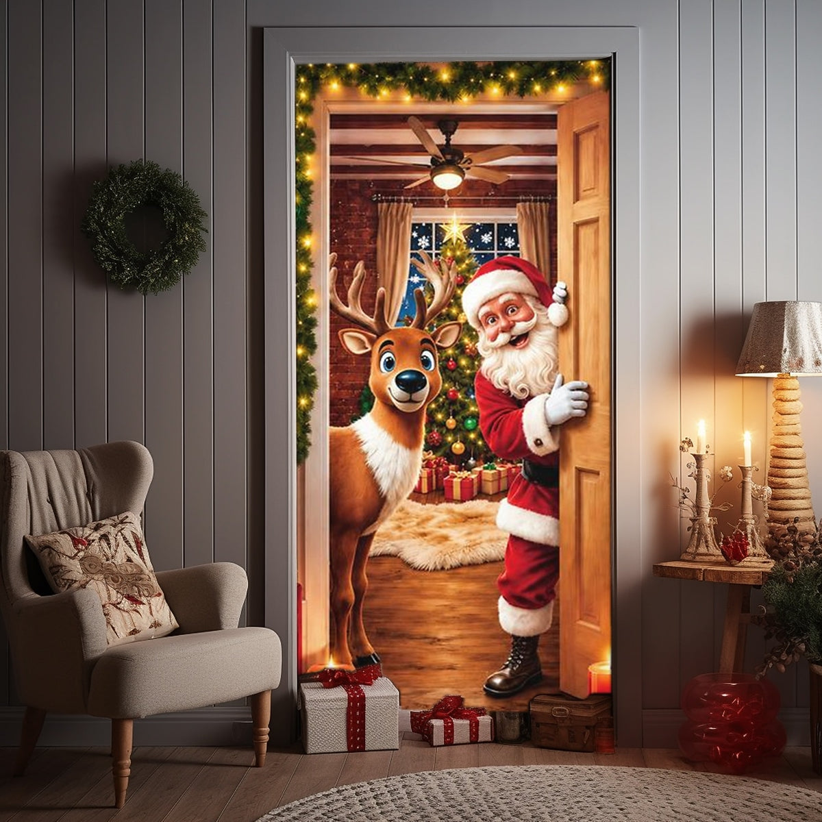 Christmas Door Cover - Stretch Fit Santa & Reindeer Door Decoration