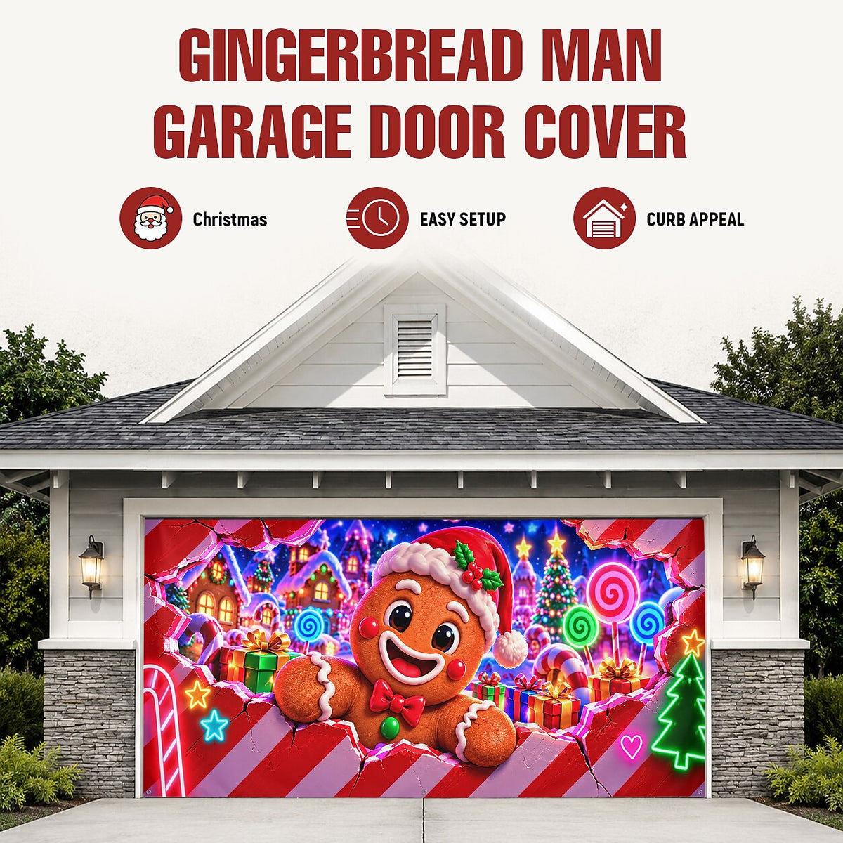 Blacklight Christmas Garage Cover 3D UV Reactive Broken Wall Gingerbread Man
