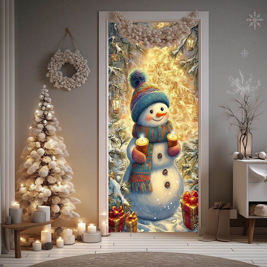 Cute Snowman in Winter Forest Christmas Door Cover