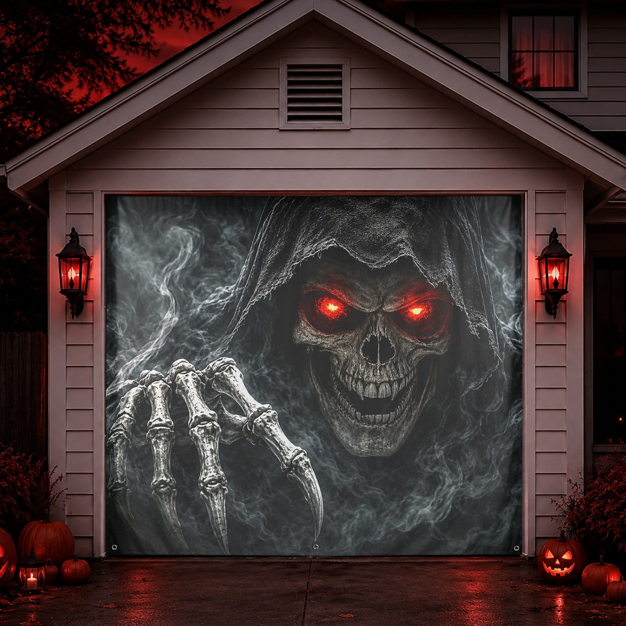 Grim Reaper Skull with Red Eyes | Halloween Garage Door Banner Cover