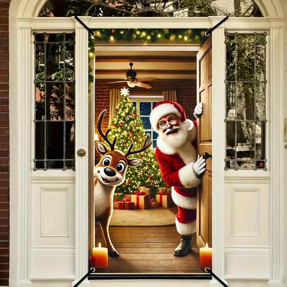 Santa Claus Reindeer & Merry Christmas Lettering Christmas Door Cover