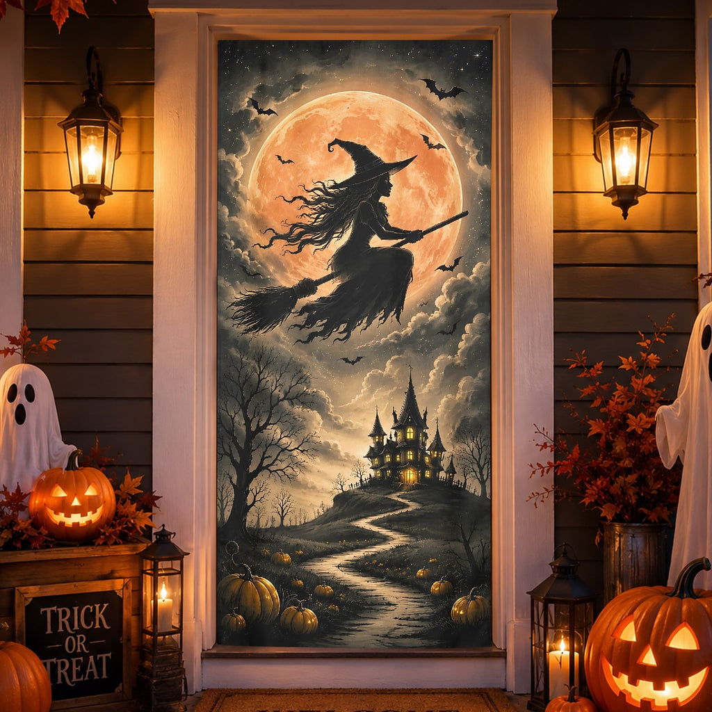 Flying Witch Full Moon Haunted House Banner Halloween Door Cover