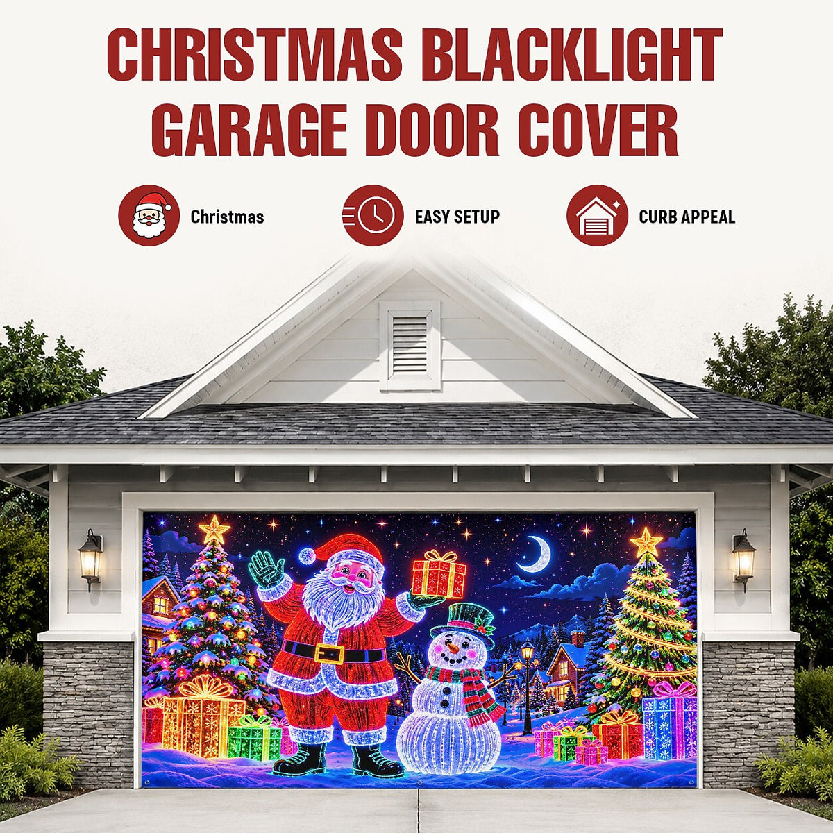 Blacklight Christmas Garage Door Cover - Colorful Santa Claus Neon Holiday Decor