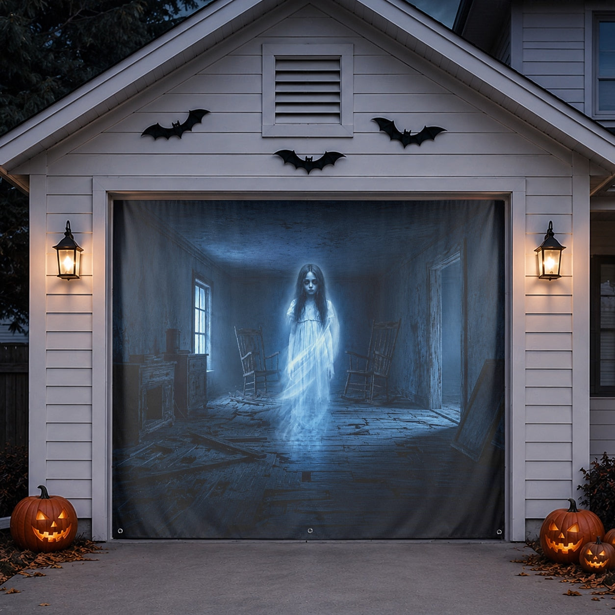 Ghost Girl & Haunted Room | Halloween Garage Door Banner Cover