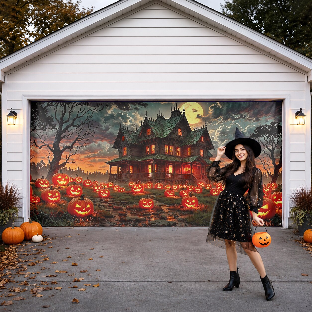 Halloween Haunted House Pumpkin Garage Door Cover
