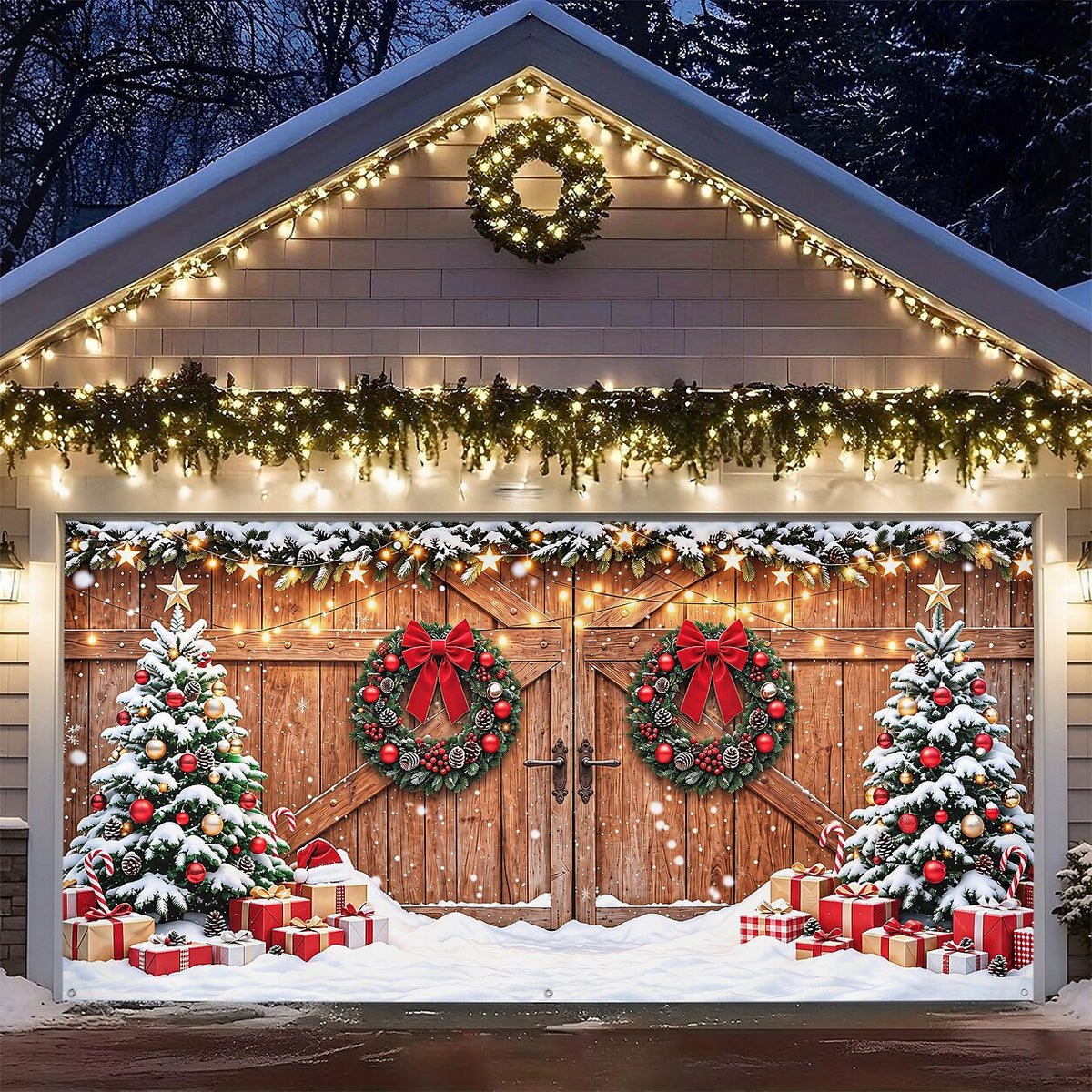 Christmas Garage Cover 3D Christmas Ornaments & Snow