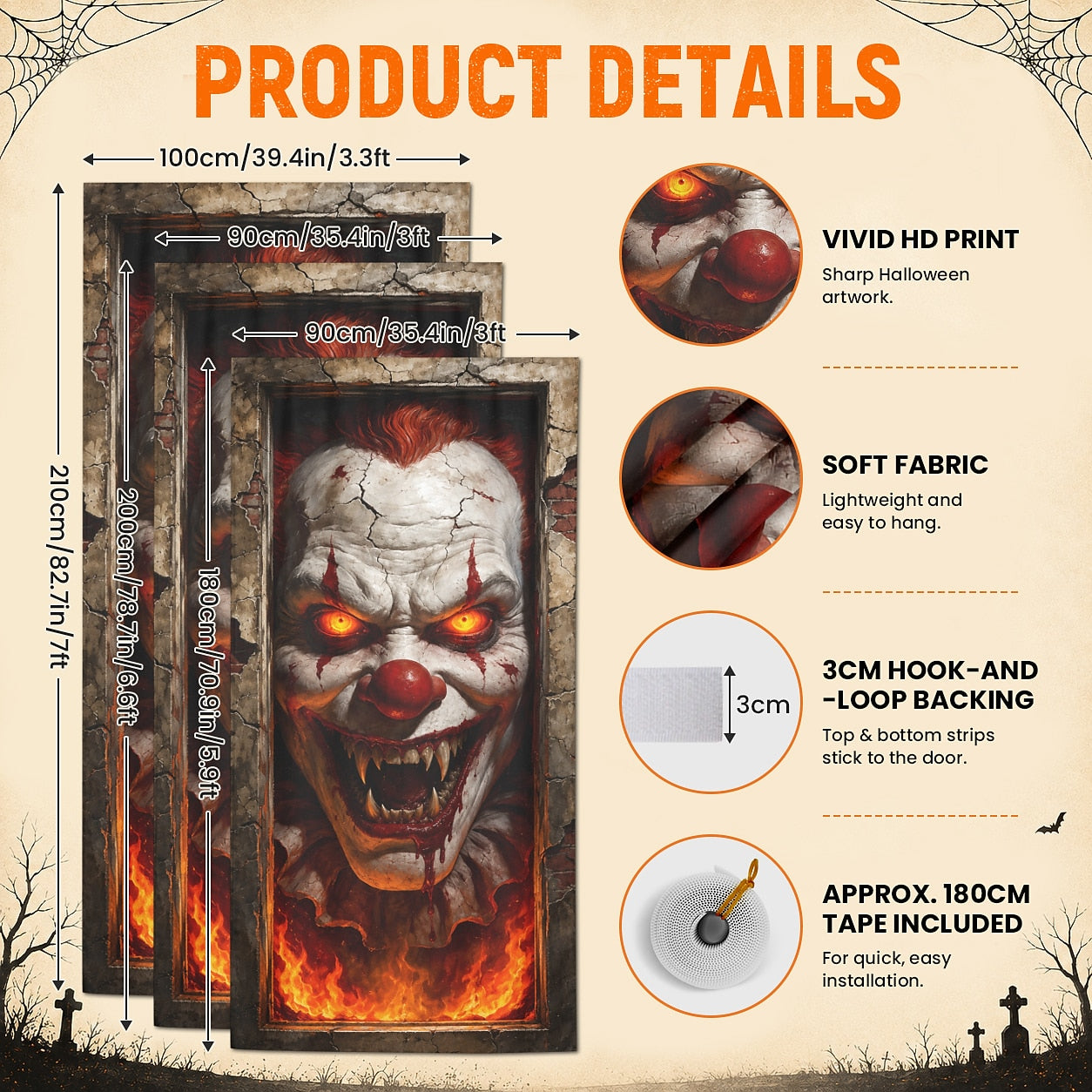 Glass Reaching Hand Banner Halloween Door Cover Evil Clown Horror Face
