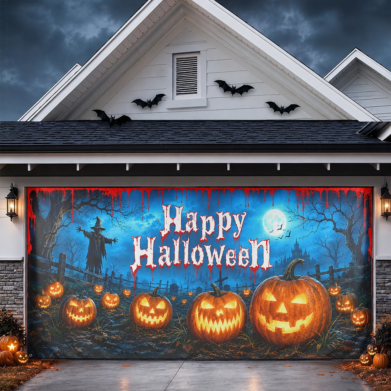 Pumpkin Patch & Scarecrow Jack-O'-Lantern | Halloween Garage Door Banner Cover