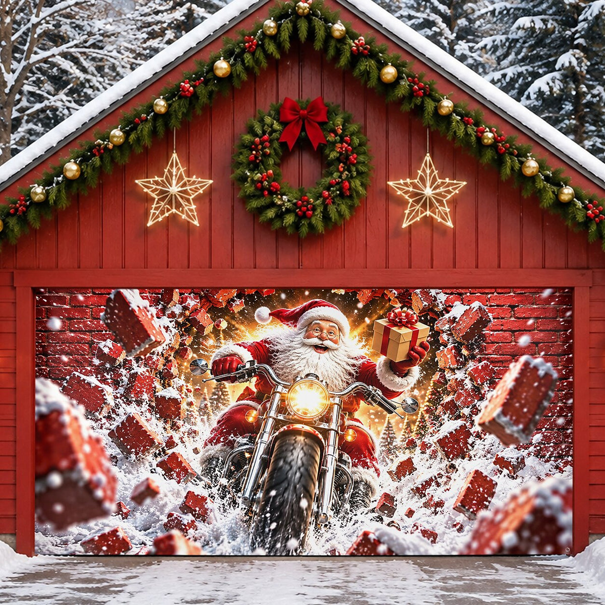 Christmas Garage Door Cover - Santa & Reindeer Holiday Design