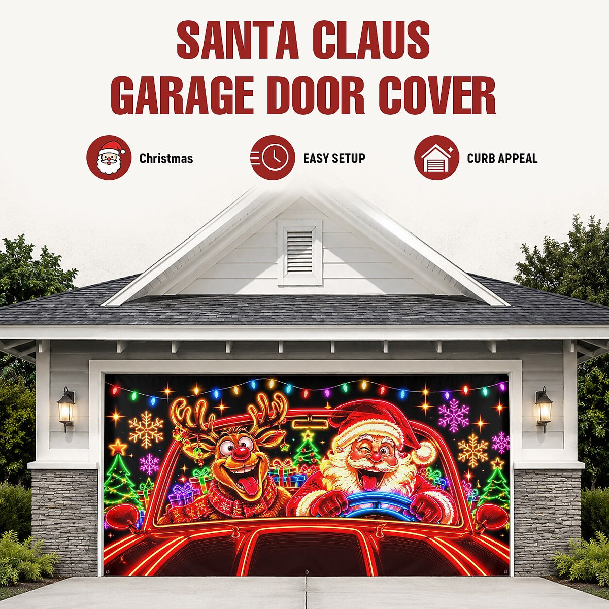 Blacklight Christmas Garage Cover UV Reactive Santa & Reindeer