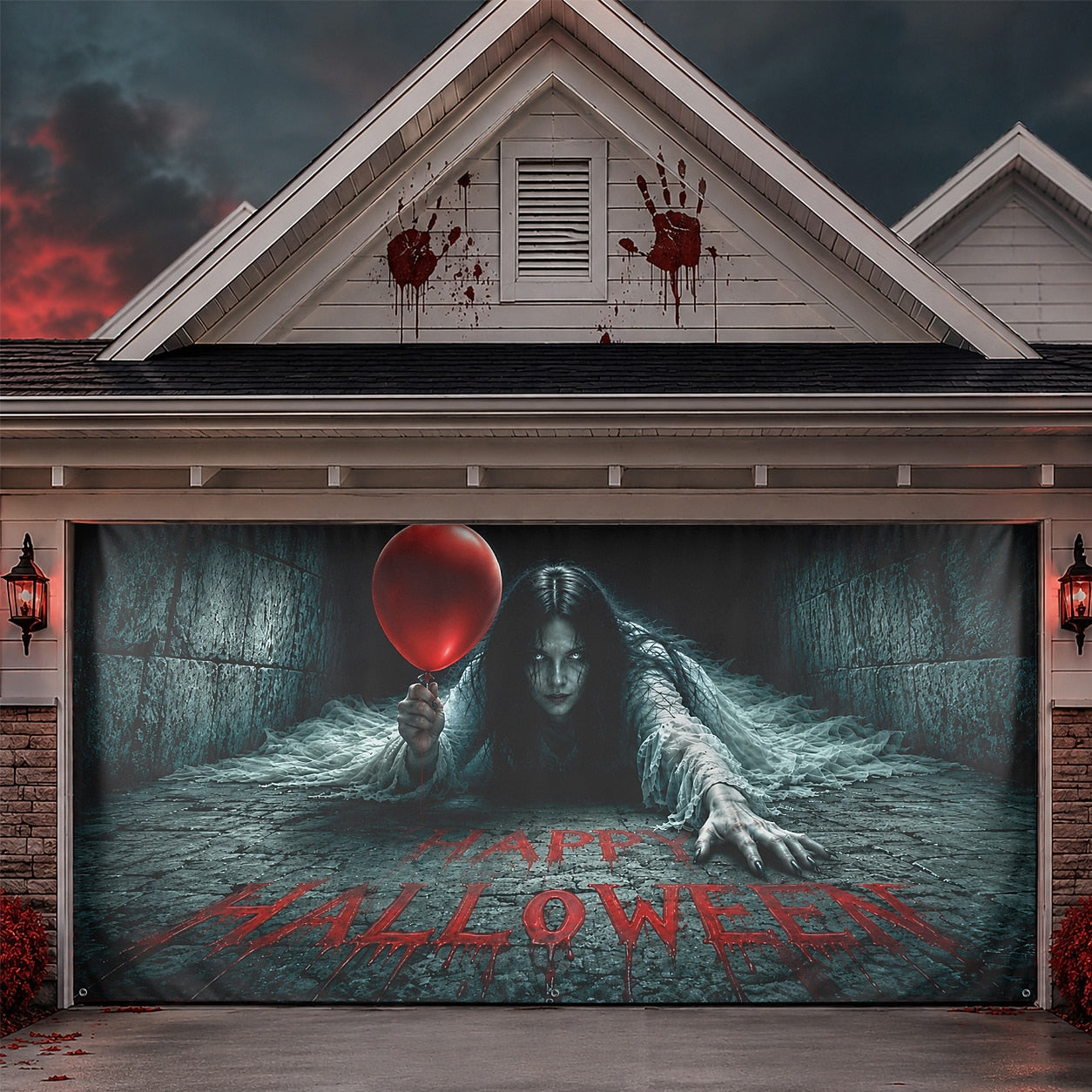 Creepy Girl & Red Balloon Horror | Halloween Garage Door Banner Cover