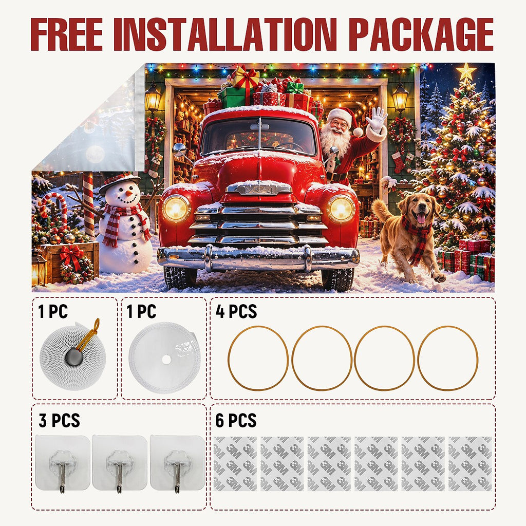 Christmas Garage Door Cover - Red Christmas Truck Snowy Village Decor
